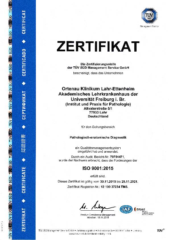 Zertifikat Pathologisch-anatomische Diagnostik TÜV SÜD Management Service GmbH
