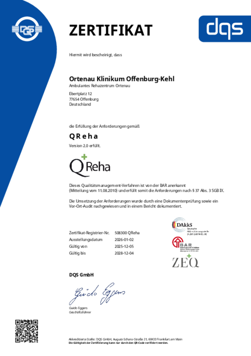 Das Zertifikat f&uuml;r die Ambulante Rehaklinik Ortenau des Ortenau Klinikums Offenburg-Kehl.
