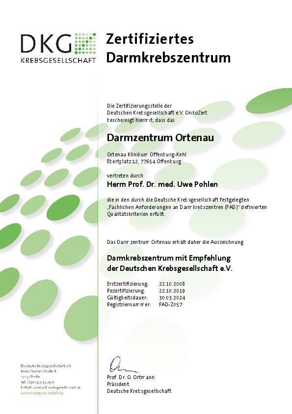 Abbildung: Zertifikat Darmkrebszentrum