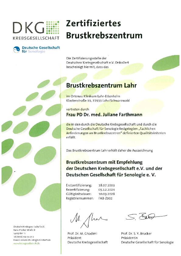 Zertifikat: Brustzentrum Lahr 2024