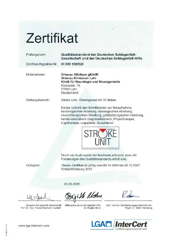 Zertifikat: Stroke Unit Lahr