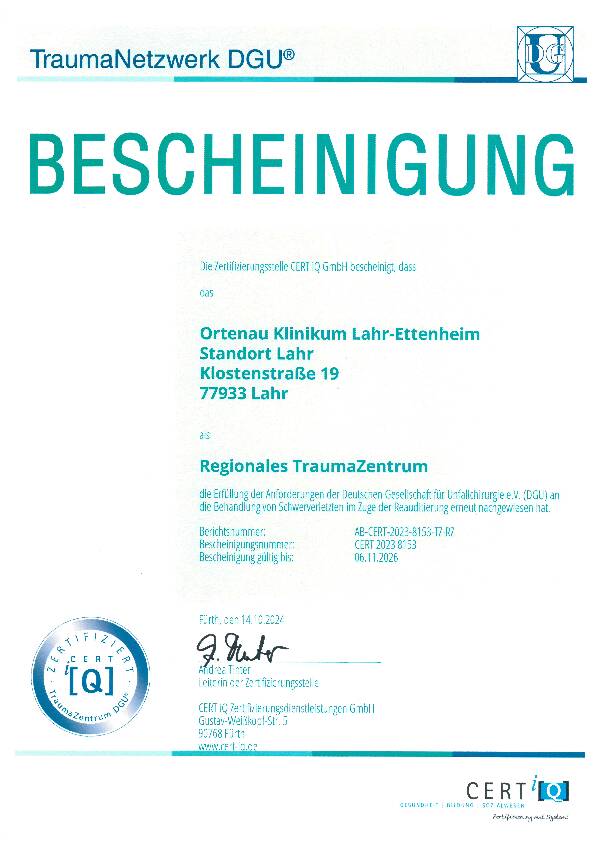 Zertifikat regionales Traumazentrum bis 2026