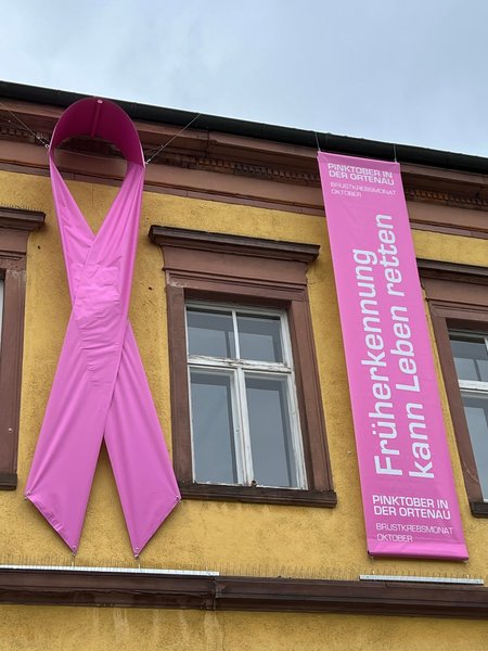 Die rosa Schleife macht am Lahrer Rathaus im Brustkrebsmonat Oktober auf die Themen Vorsorge und Früherkennung aufmerksam.